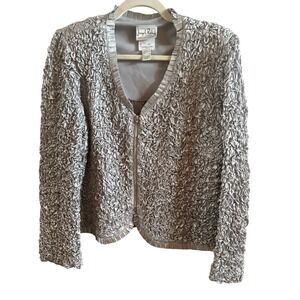 Joseph Ribkoff Silver Metallic Crinkle Satin Woman's Size 16 Satin Zip Up Jacket